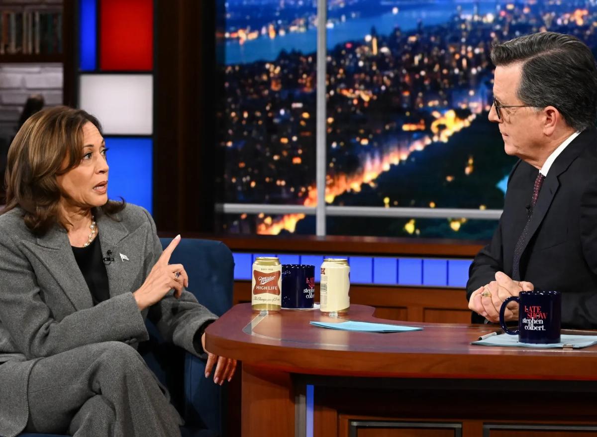 Kamala Harris discusses campaign and shares beer with Stephen Colbert